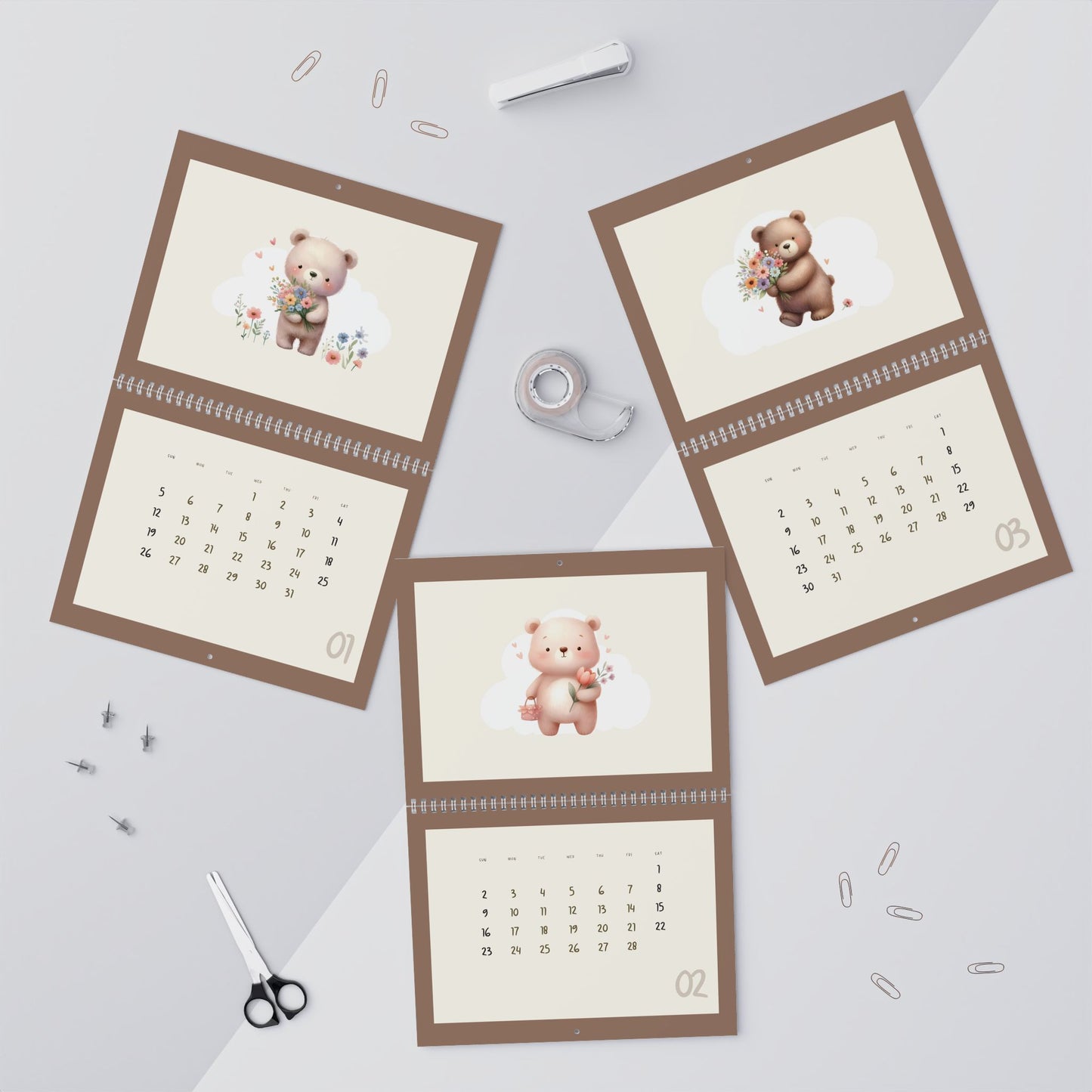 2025 Wall Calendar, Cute Bear Calendar, Gift for Teddy Bear Lovers