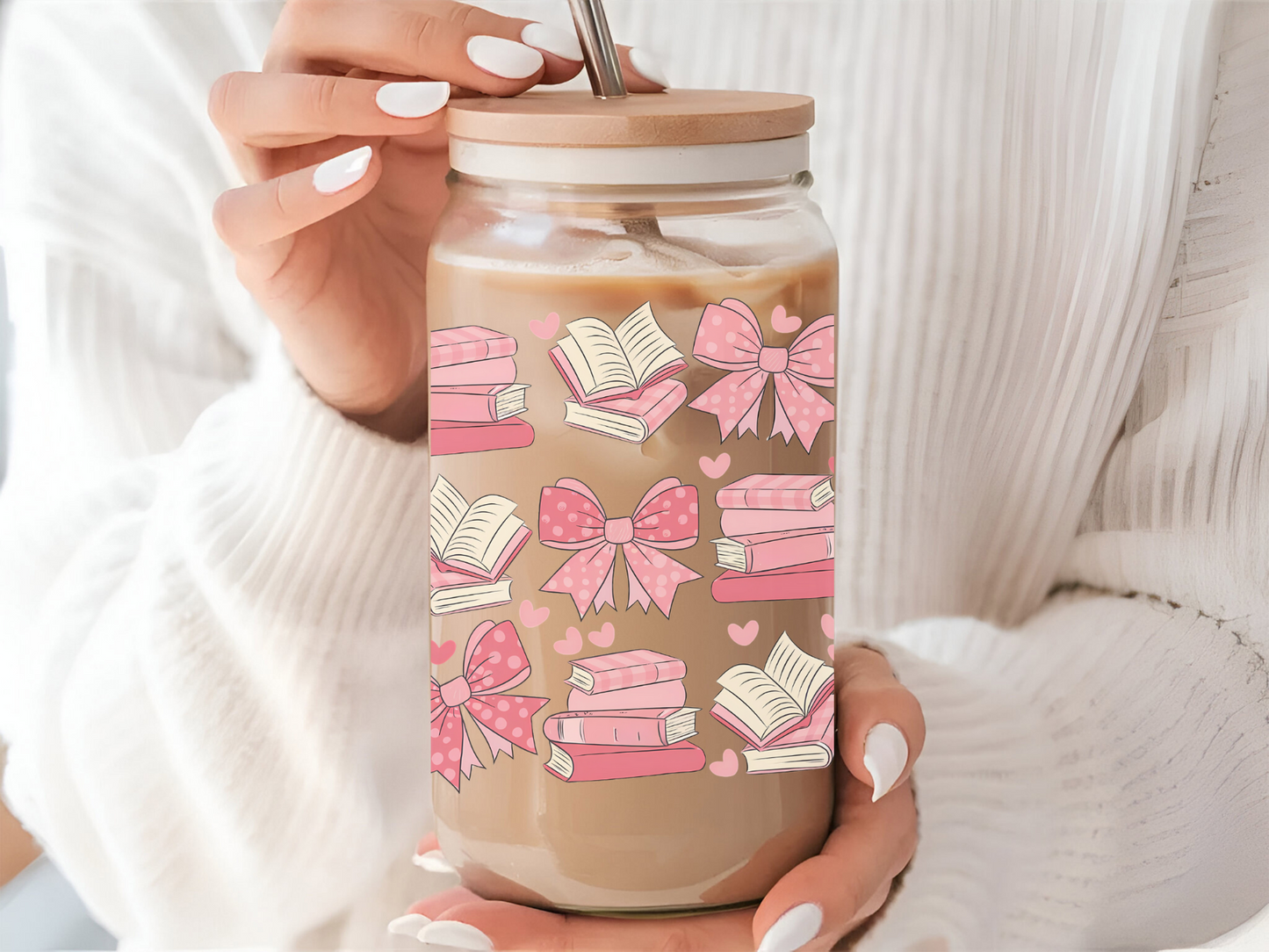 Bookish and Coquette Bow Glass Tumbler with Bamboo Lid and Glass Straw