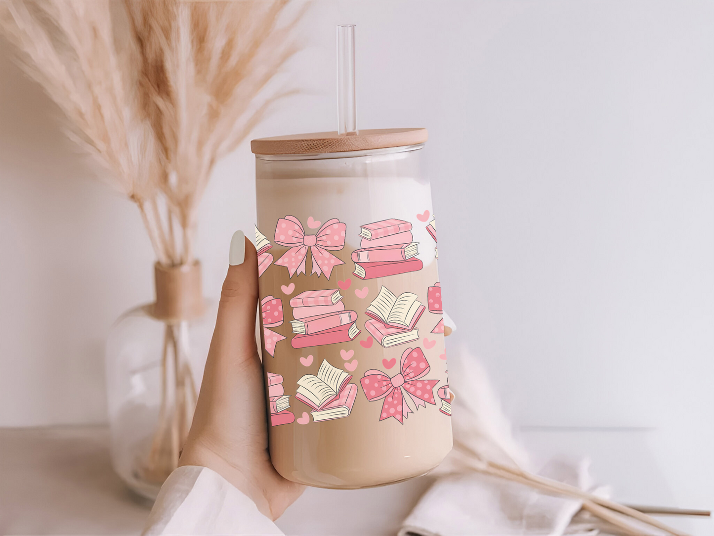 Bookish and Coquette Bow Glass Tumbler with Bamboo Lid and Glass Straw