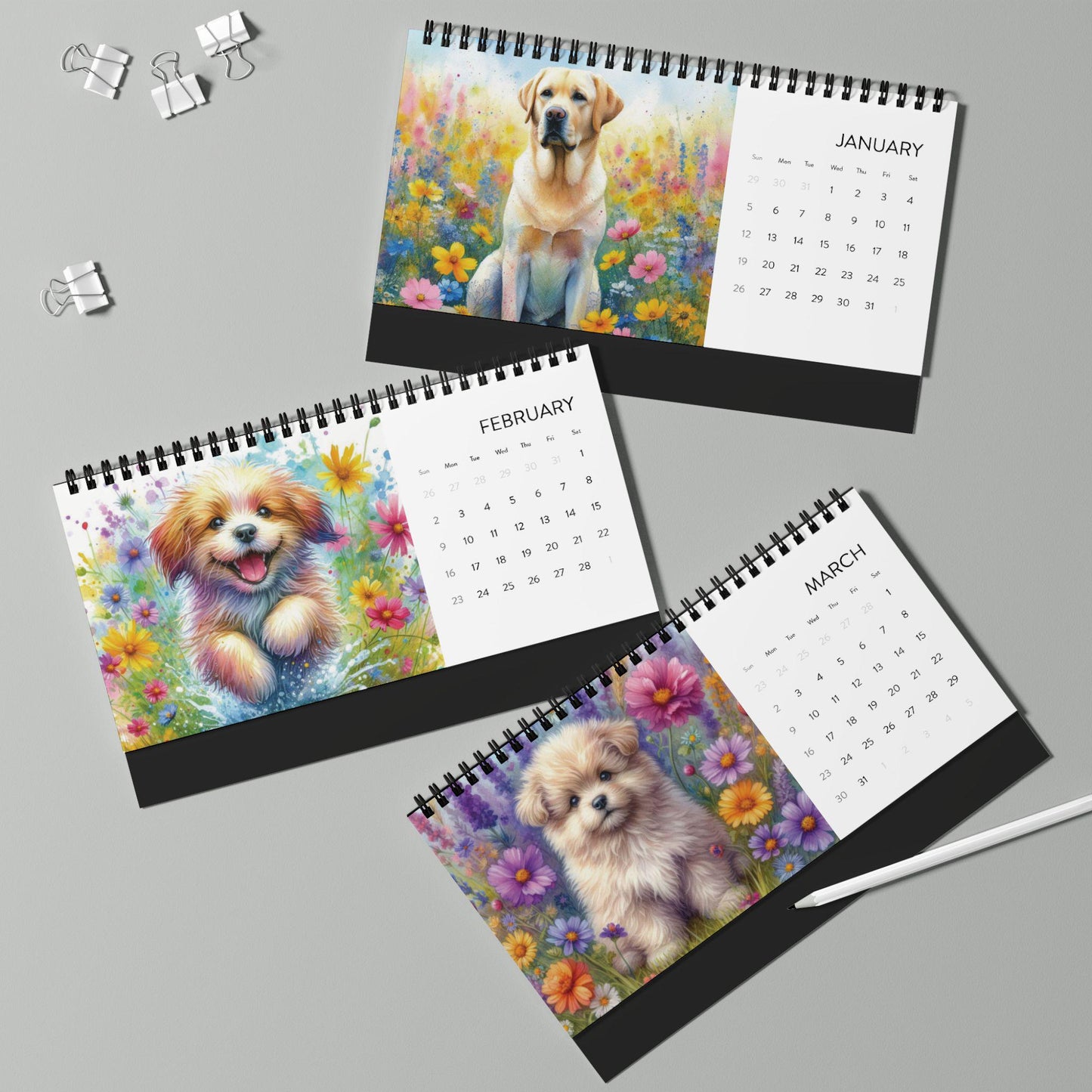 2025 Dog Lover's Desktop Calendar, Dogs Running in Meadows, Wildflowers Watercolor Illustrations, Dog Planner Gift, 2025 Yearly Calendar