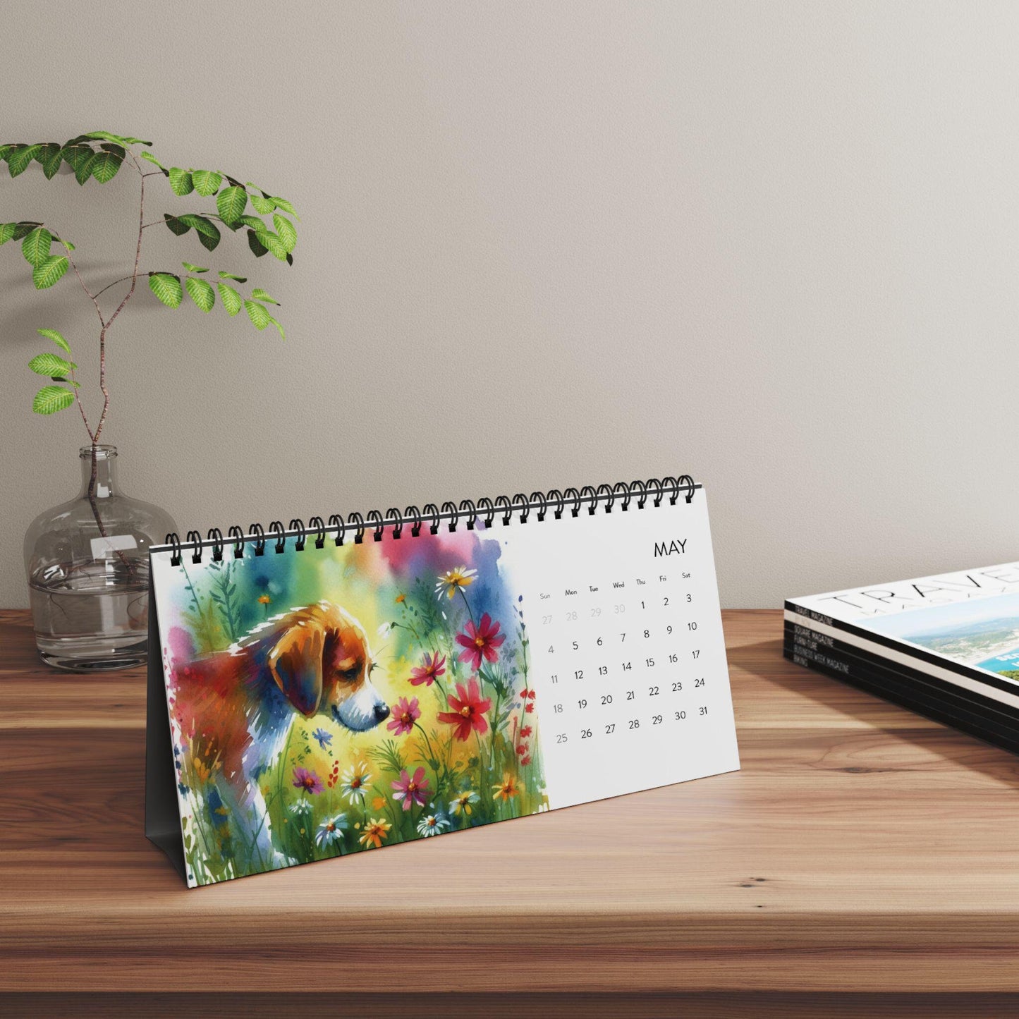 2025 Dog Lover's Desktop Calendar, Dogs Running in Meadows, Wildflowers Watercolor Illustrations, Dog Planner Gift, 2025 Yearly Calendar