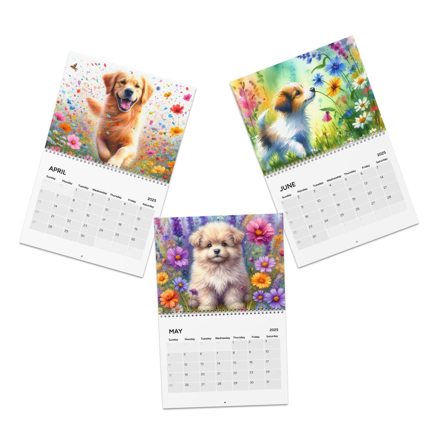 2025 Wall Calendar, Dog Lover's gift, Watercolor Illustrations of Dogs Running in Meadow, Vibrant Colors Calendar, Wildflower Planner