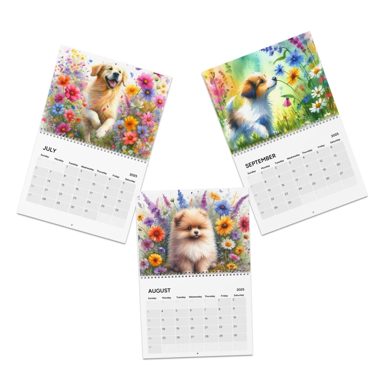 2025 Wall Calendar, Dog Lover's gift, Watercolor Illustrations of Dogs Running in Meadow, Vibrant Colors Calendar, Wildflower Planner