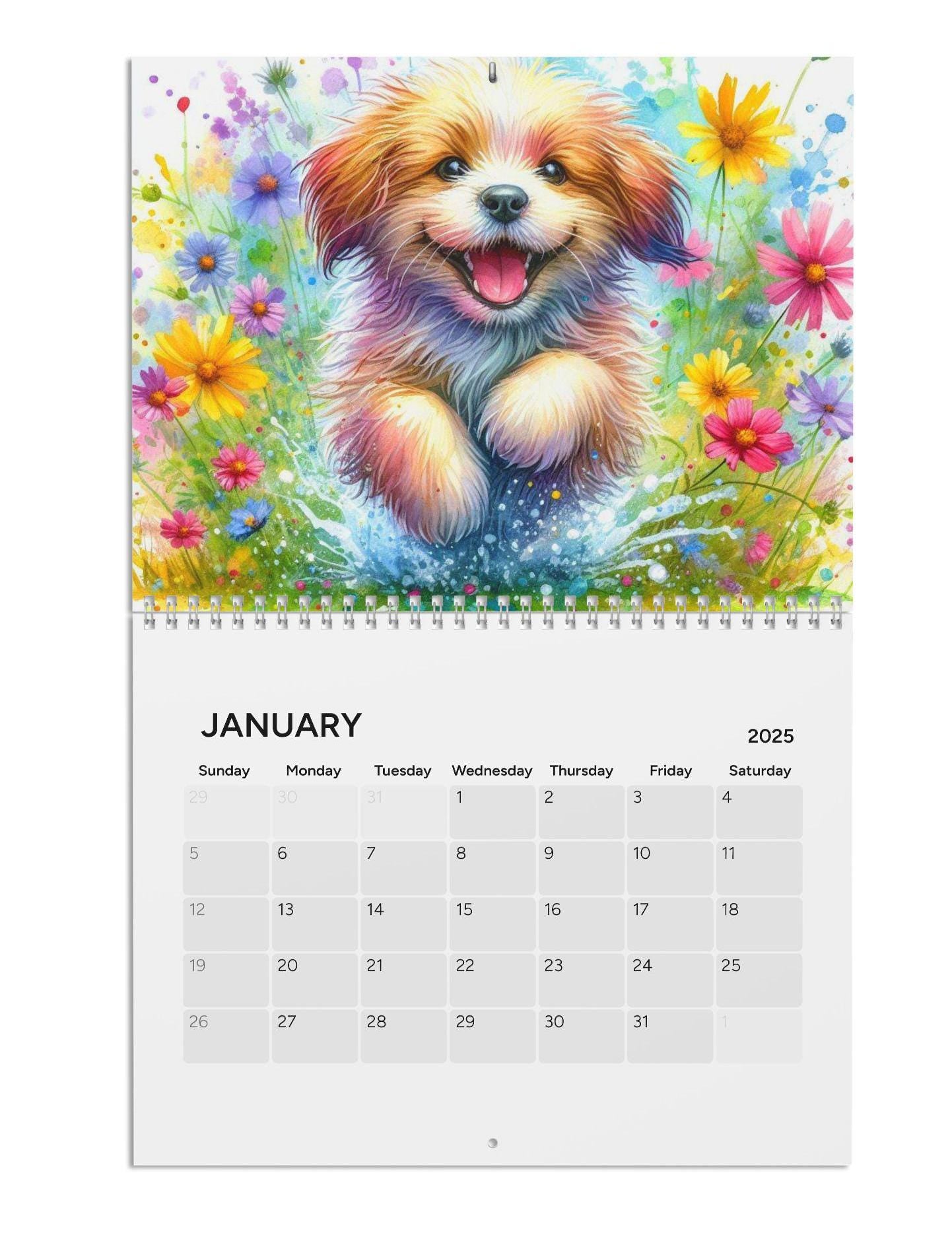 2025 Wall Calendar, Dog Lover's gift, Watercolor Illustrations of Dogs Running in Meadow, Vibrant Colors Calendar, Wildflower Planner