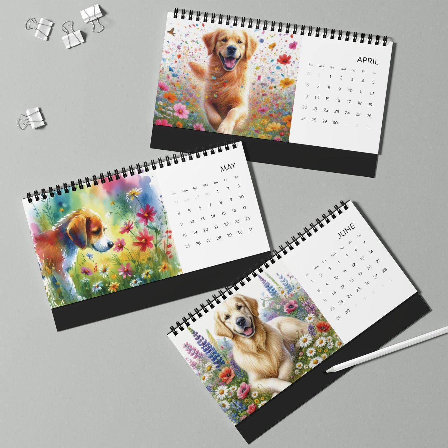 2025 Dog Lover's Desktop Calendar, Dogs Running in Meadows, Wildflowers Watercolor Illustrations, Dog Planner Gift, 2025 Yearly Calendar