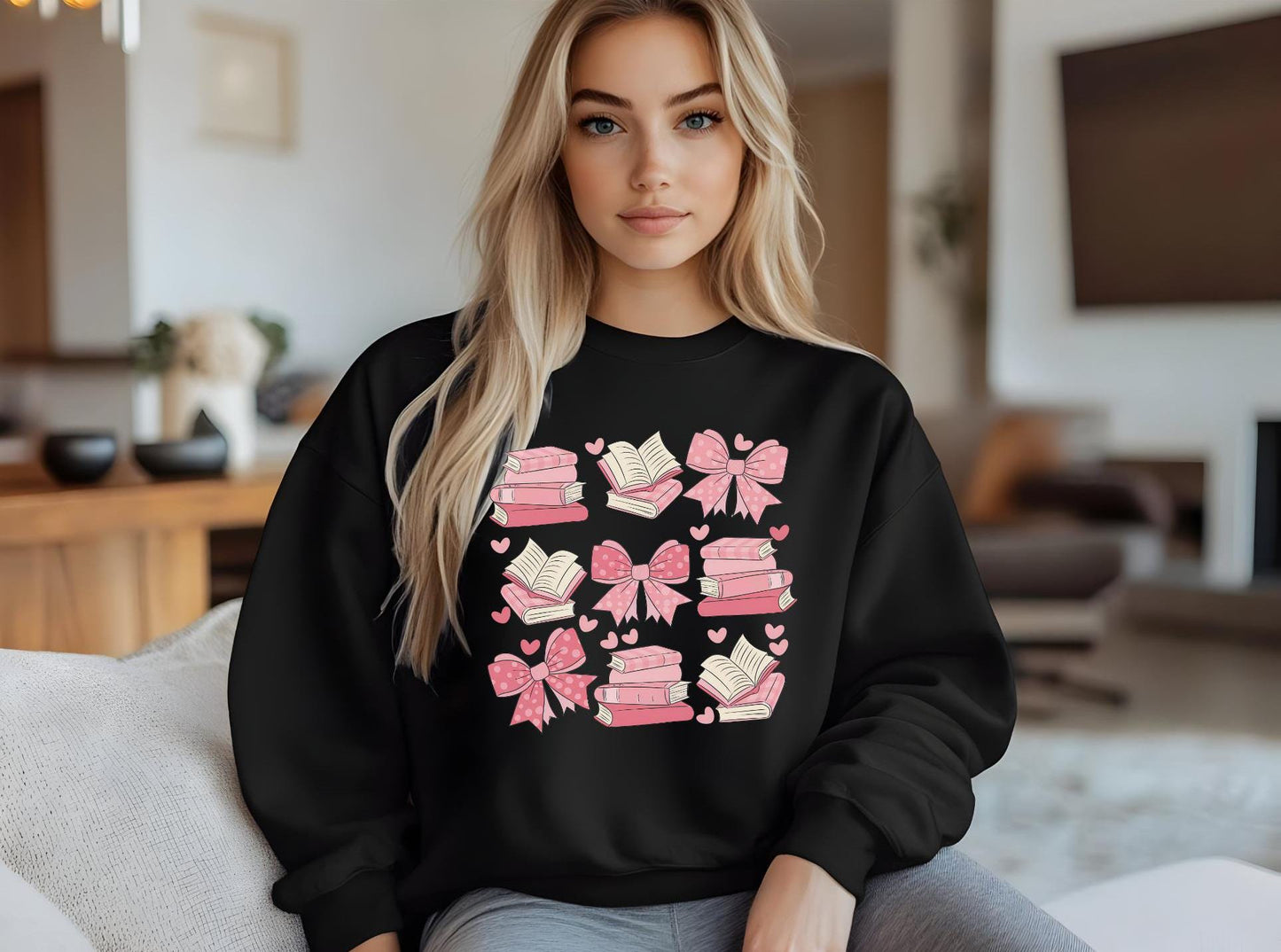 Cute book and bow sweater, Valentine crewneck, cute girly bow shirt, book shirt, valentine gift, couple matching tees, woman book shirt