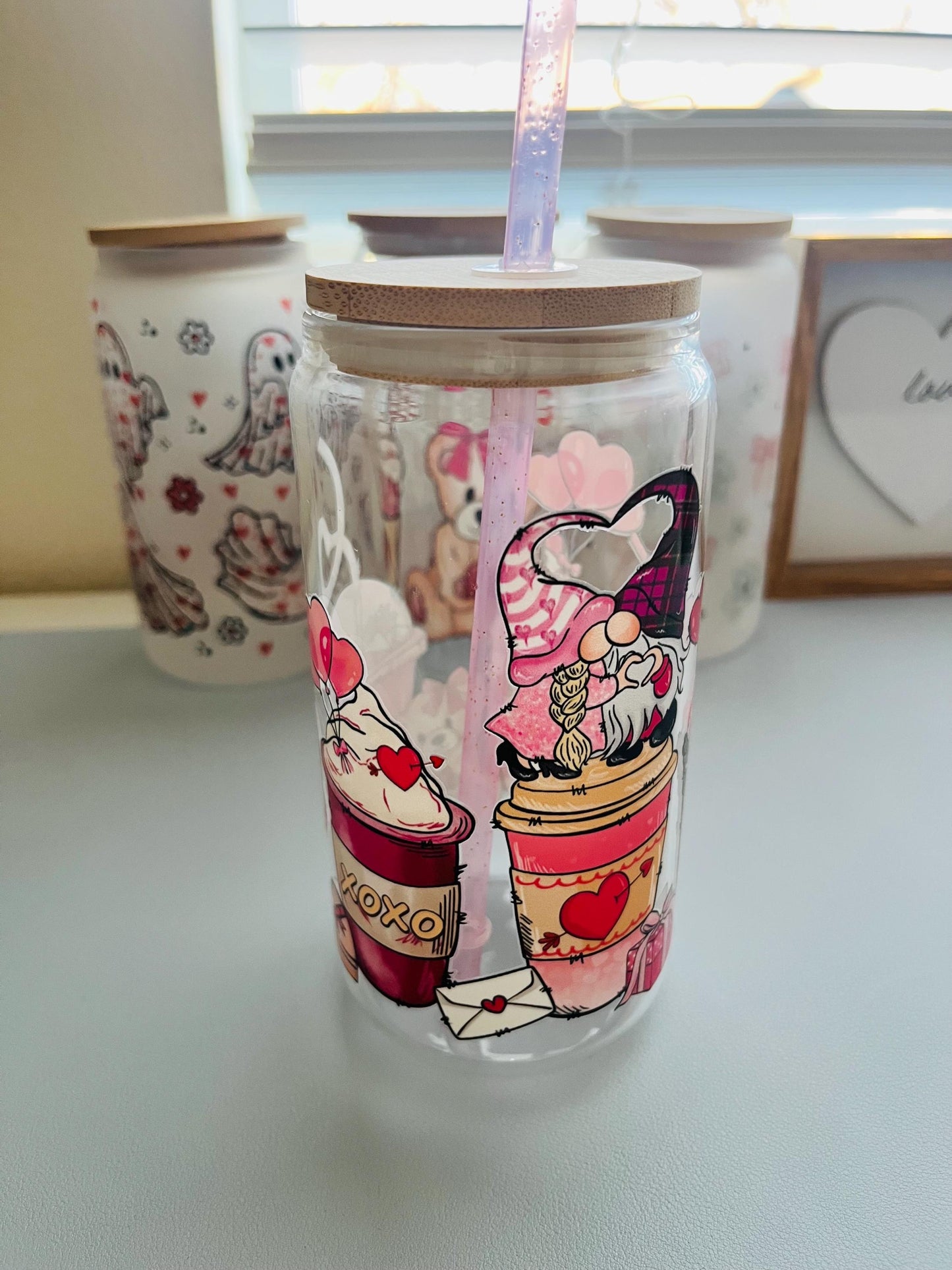 Cute Glass Tumbler, Viral Tumbler, Iced Coffee Can Glass, Gnome Valentine, Best Friend gift, Valentine Gift, Birthday Gift, Galentine Gift