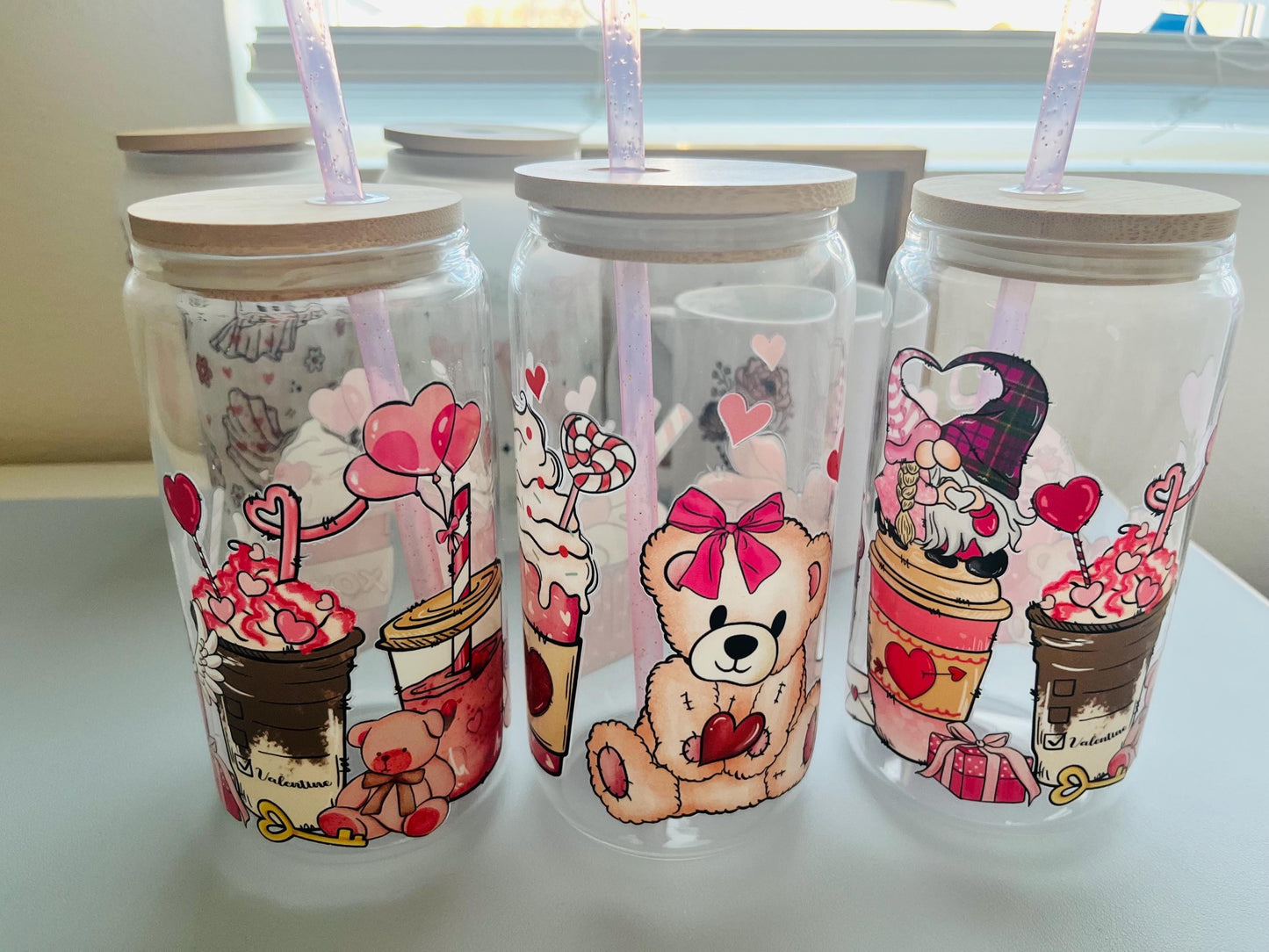 Cute Glass Tumbler, Viral Tumbler, Iced Coffee Can Glass, Teddy Bear and Candy Valentine, Best Friend gift, Valentine Gift, Galentine Gift