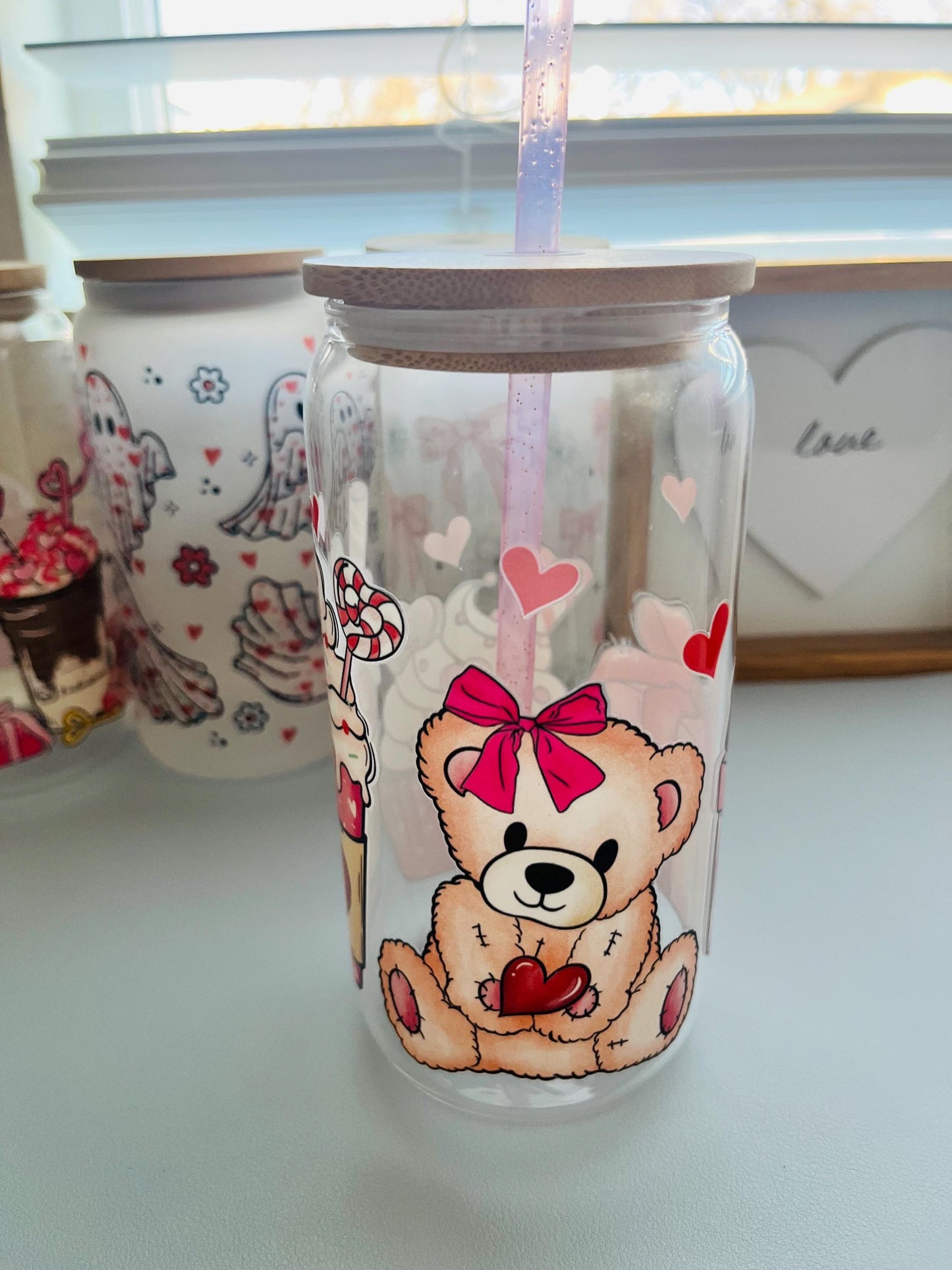 Cute Glass Tumbler, Viral Tumbler, Iced Coffee Can Glass, Teddy Bear and Candy Valentine, Best Friend gift, Valentine Gift, Galentine Gift