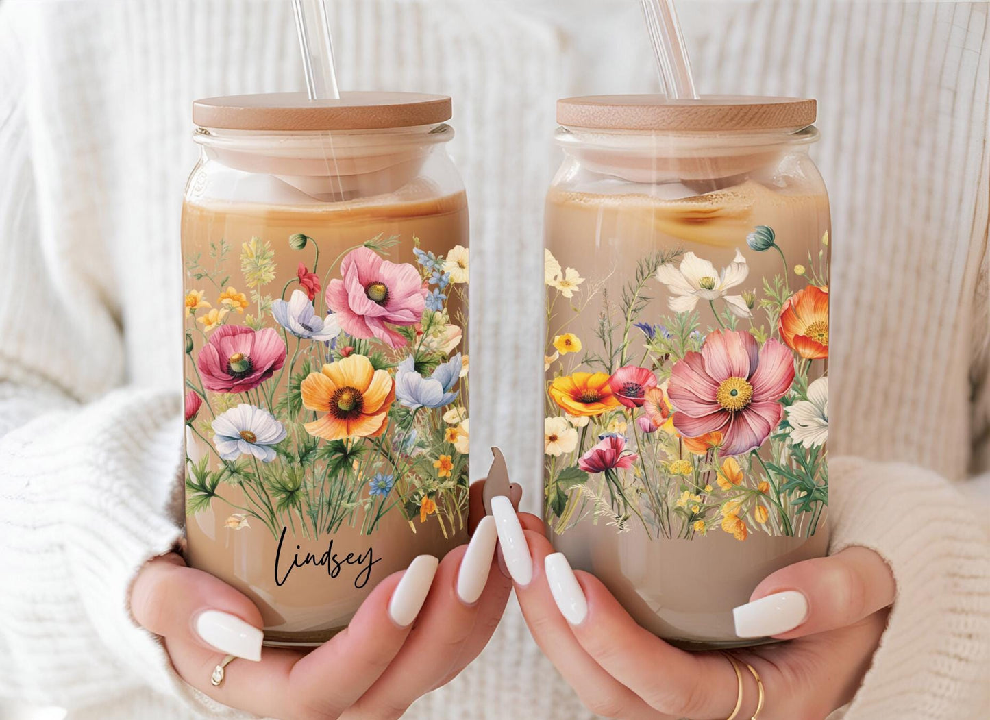 Floral Iced Coffee Cup, Personalized Name with wildflower Glass Tumbler, Aesthetic Spring Mug, Mother's Gift, Bridal Shower Gift