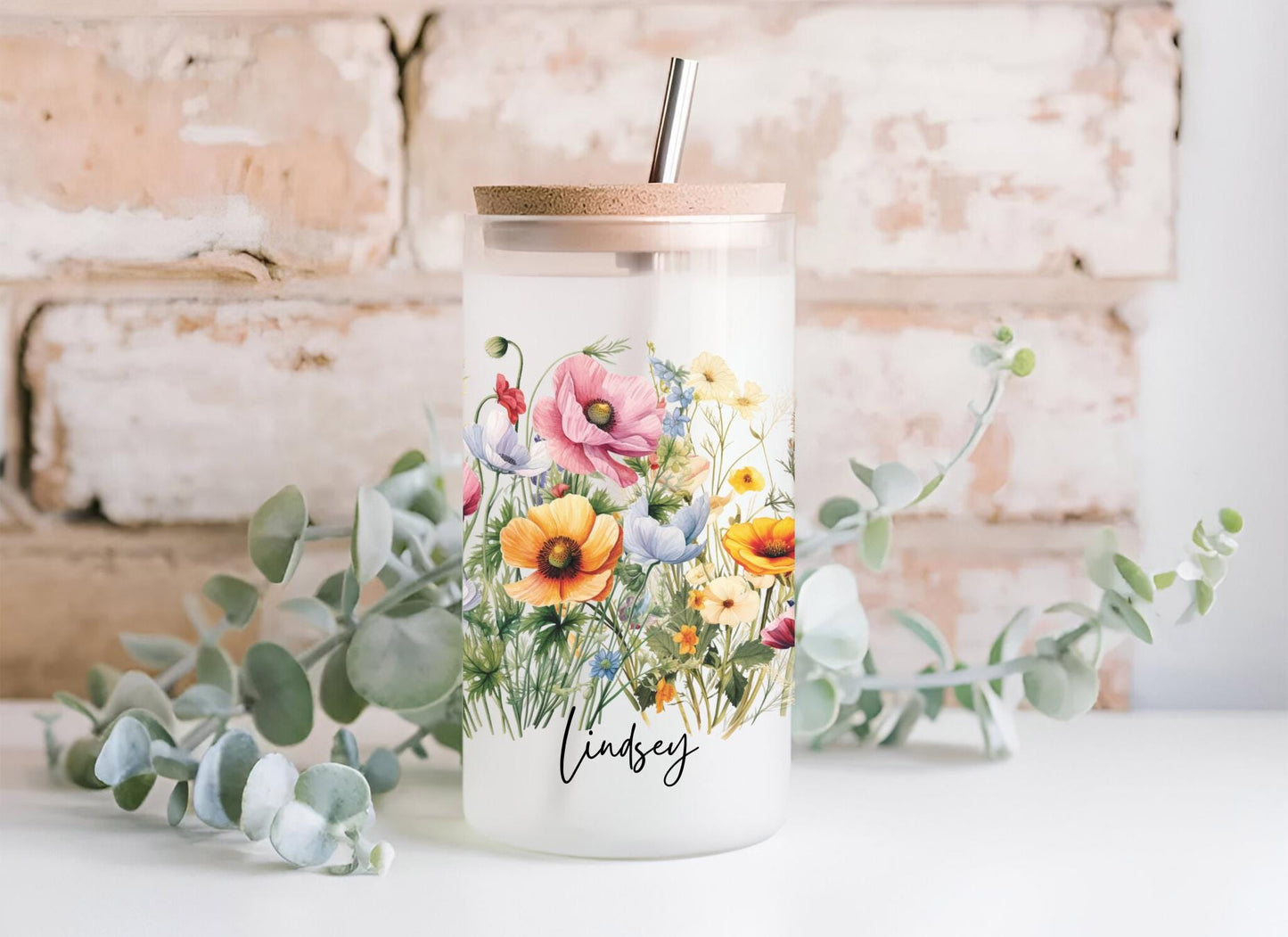 Floral Iced Coffee Cup, Personalized Name with wildflower Glass Tumbler, Aesthetic Spring Mug, Mother's Gift, Bridal Shower Gift