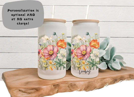 Floral Iced Coffee Cup, Personalized Name with wildflower Glass Tumbler, Aesthetic Spring Mug, Mother's Gift, Bridal Shower Gift