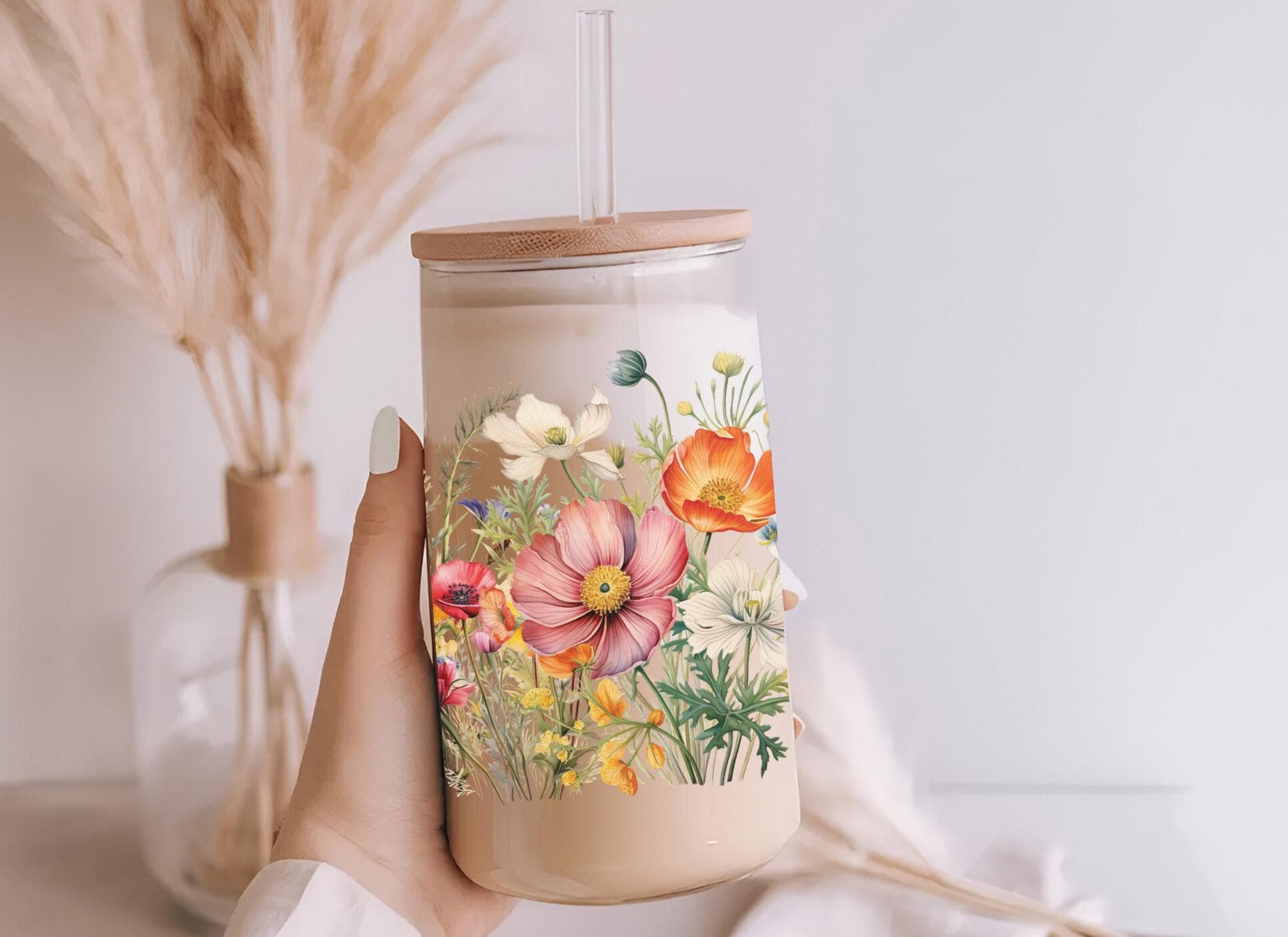 Floral Iced Coffee Cup, Personalized Name with wildflower Glass Tumbler, Aesthetic Spring Mug, Mother's Gift, Bridal Shower Gift