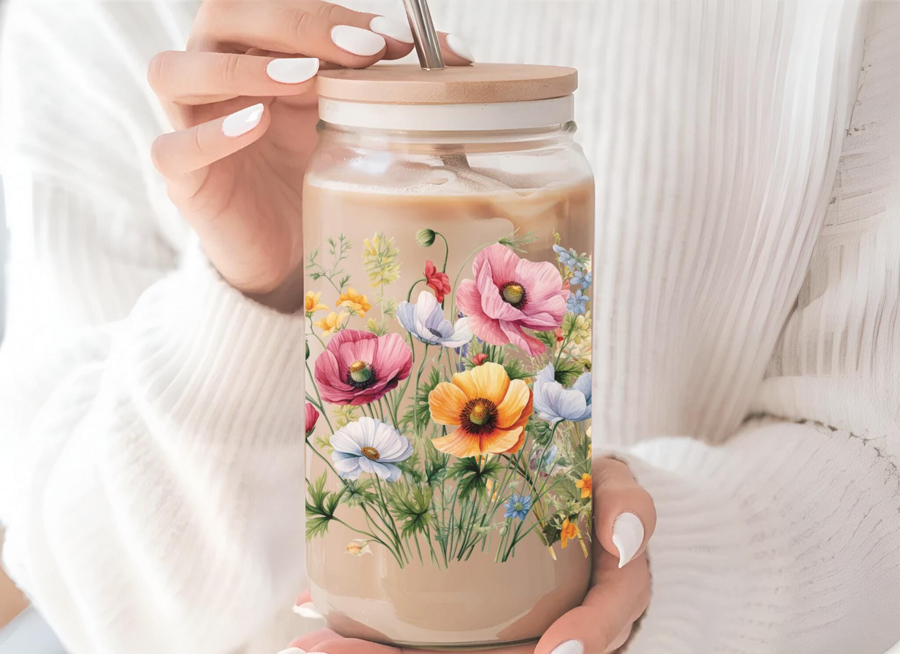 Floral Iced Coffee Cup, Personalized Name with wildflower Glass Tumbler, Aesthetic Spring Mug, Mother's Gift, Bridal Shower Gift