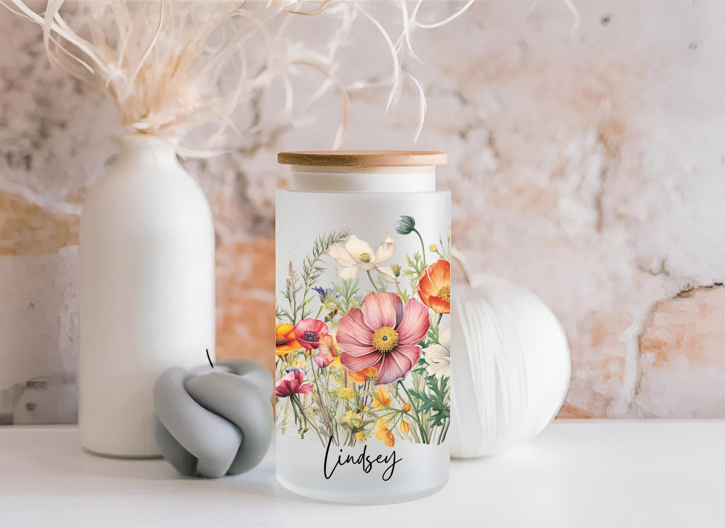 Floral Iced Coffee Cup, Personalized Name with wildflower Glass Tumbler, Aesthetic Spring Mug, Mother's Gift, Bridal Shower Gift